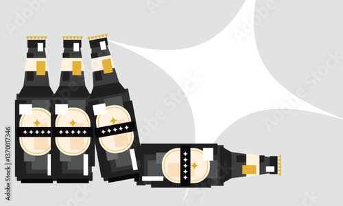 A sleek vector illustration of four stylized dark beer bottles arranged dynamically, with three standing upright and one tilted on its side