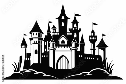 castle silhouette line art vector illustration