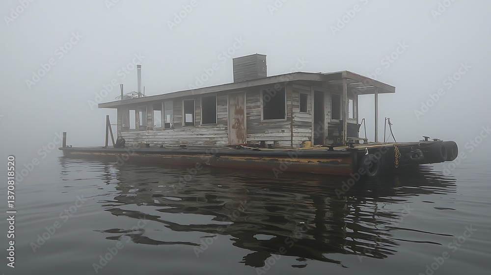 Abandoned houseboat in dense fog. A dilapidated wooden houseboat floats on a still body of water shrouded in a thick, gray fog. The houseboat's exterior shows signs of age and neglect Abandoned houseboat in dense fog. A dilapidated wooden houseboat floats on a still body of water shrouded in a thick, gray fog. The houseboat's exterior shows signs of age and neglect