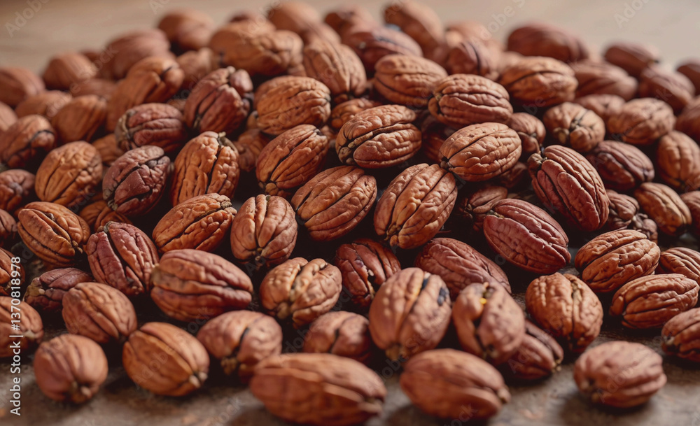 Pile of nuts with a brown color. The nuts are scattered all over the surface. There are many nuts in the pile Pile of nuts with a brown color. The nuts are scattered all over the surface. There are many nuts in the pile