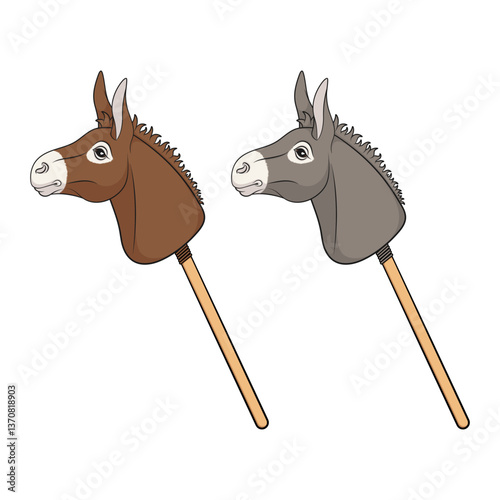 Set of color illustrations with hobby horse toy on stick. Isolated vector objects on white background.