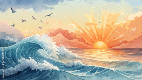 Victory Day Sunrise Watercolor Background - Warm Orange & Yellow Breaking Through Blue Waves for Peaceful New Beginnings (Copy Space)