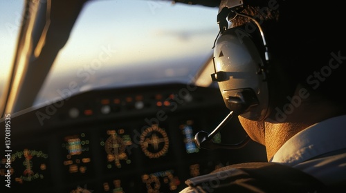 A pilot wearing headphones operates an aircraft, focusing on the cockpit instruments as the sun sets in the background.