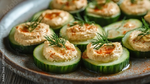 Wallpaper Mural Elegant cucumber rounds topped with creamy hummus, presented on a rustic plate Torontodigital.ca