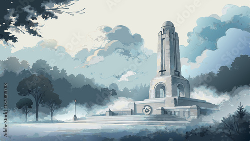 War Memorial Watercolor Background - Majestic Monument in Misty Blue & Gray Tones for Solemn Tributes with Copy Space