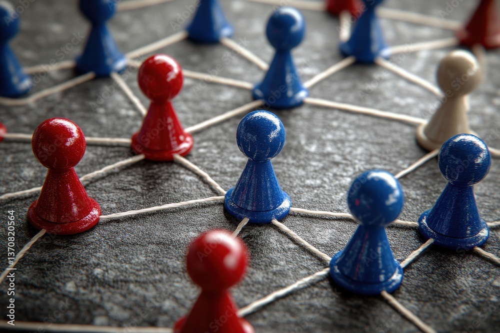 Obraz premium Strategic game board with blue and red pawns connected by string network depicting teamwork