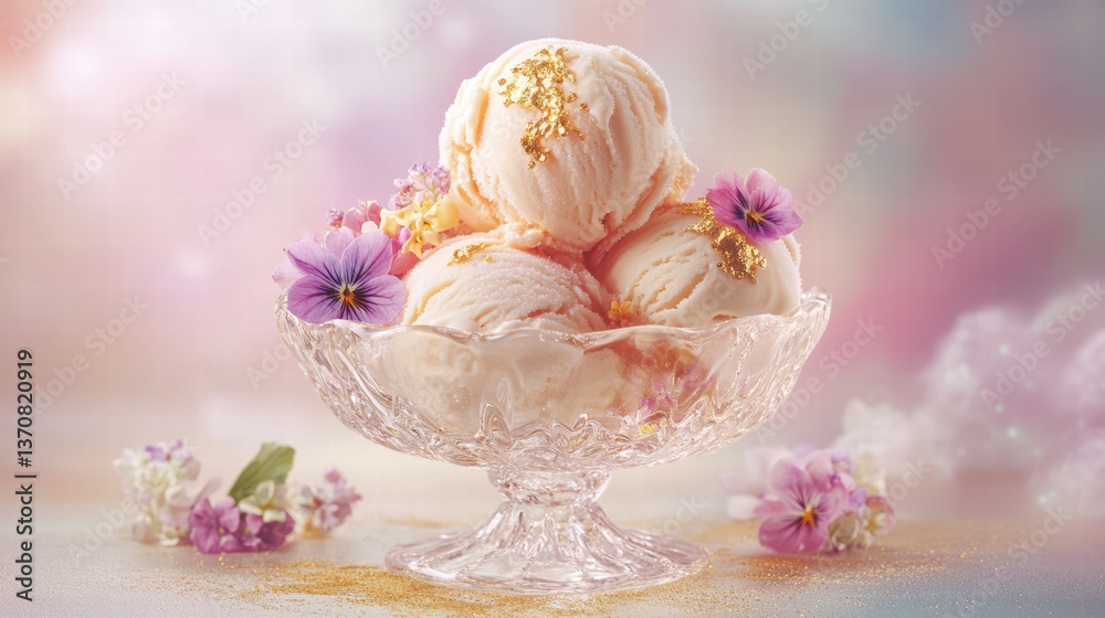 Fototapeta premium Indulge in delightful ice cream sundae featuring three scoops of creamy ice cream adorned with edible gold flakes and surrounded by vibrant flowers, creating visually stunning dessert experience