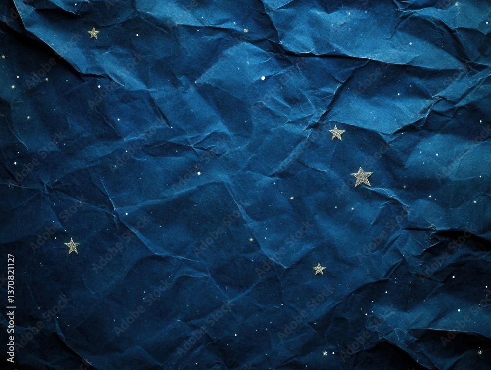 Deep blue crumpled paper texture resembling a night sky with scattered stars creating a celestial mood Deep blue crumpled paper texture resembling a night sky with scattered stars creating a celestial mood