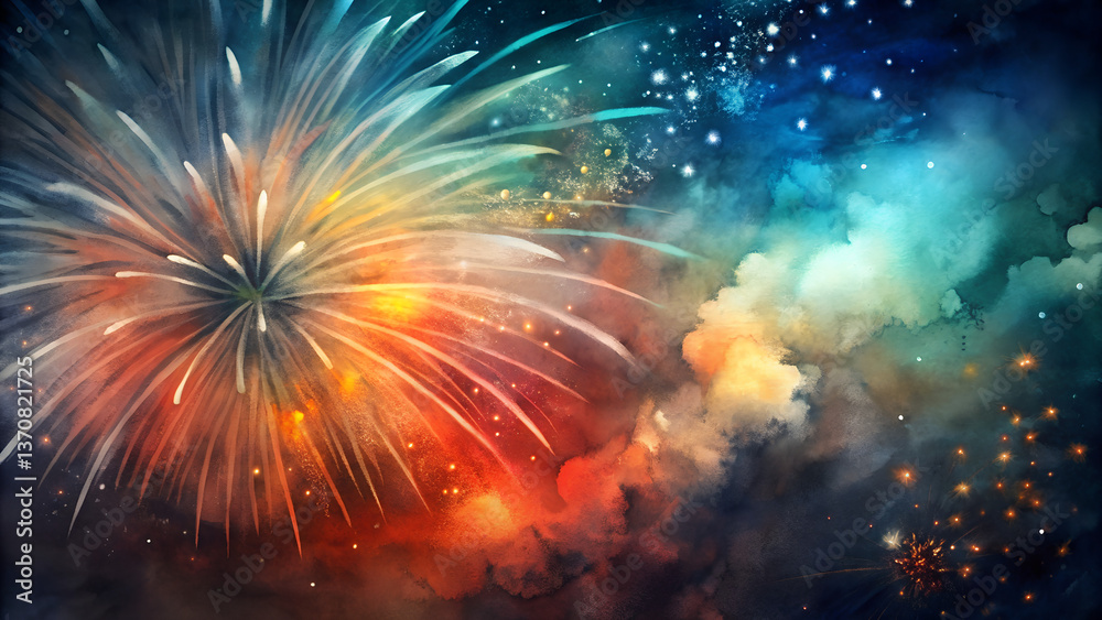 Fototapeta premium Victory Day Fireworks Watercolor Background - Explosive Color Swirls for Patriotic Celebrations with Copy Space