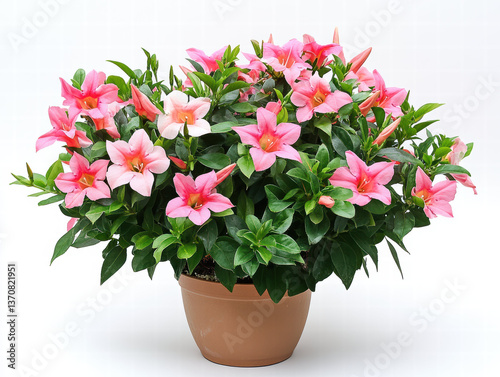 vibrant Mandevilla plant in pot, showcasing stunning display of pink and white flowers, exuding cheerful and lively atmosphere, perfect for enhancing any indoor or outdoor space