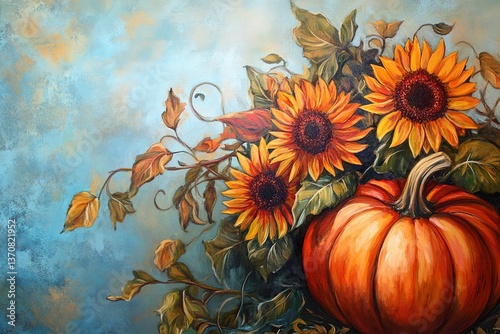 Pumpkin and sunflowers