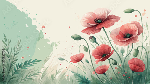 Remembrance Poppy Watercolor Background - Delicate Crimson & Green Blossoms on Pastel Wash with Copy Space