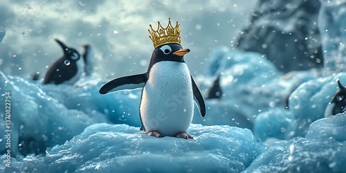 Penguin Wearing a Golden Crown Standing on an Ice Throne Background for Royalty, Arctic Legends, or Majestic Themes
