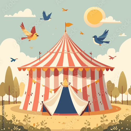 Whimsical Circus Tent: An eye-catching circus tent in a picturesque meadow, with colorful flags waving high and birds soaring overhead, invites viewers to a world of excitement and fun.