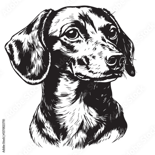 dachshund face on white background, black and white graphics, vector
