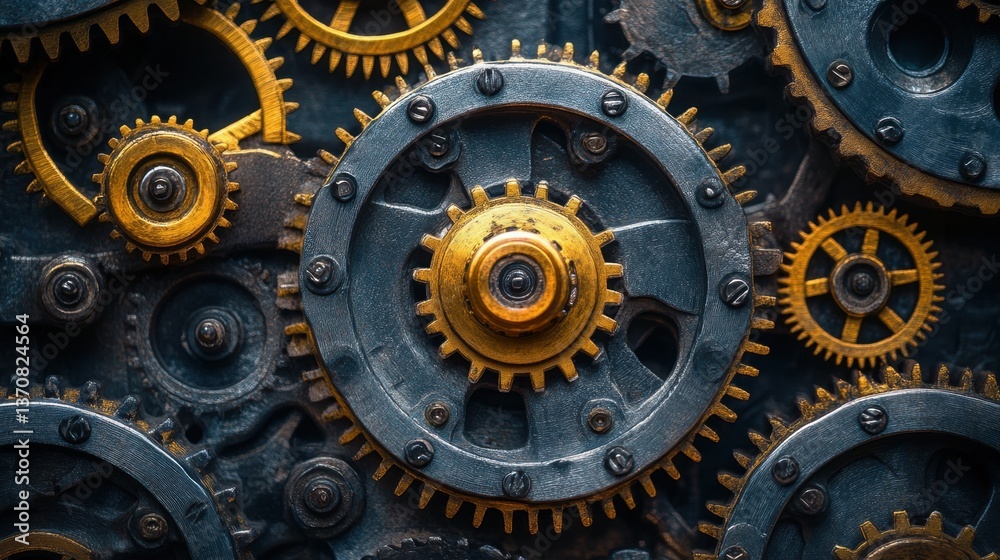 Intricate Arrangement of Metallic Gears in Steampunk Style Close Up Industrial Design Concept Intricate Arrangement of Metallic Gears in Steampunk Style Close Up Industrial Design Concept