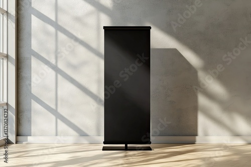 Black Rollup Banner Stand Realistic Vector Mockup Standing on the Grey Wall Background