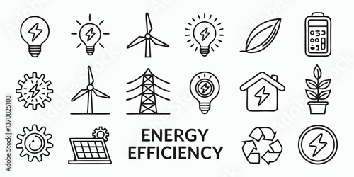  Energy Efficiency Outline Icons – Editable Stroke, Linear Vector Set