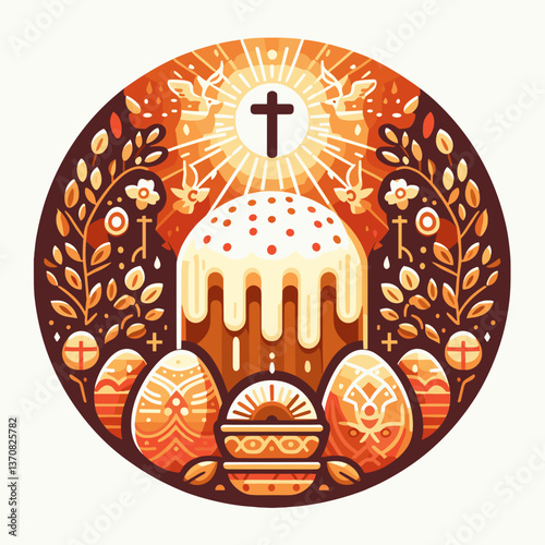 Easter cake with decorated eggs and floral elements in vibrant colors  