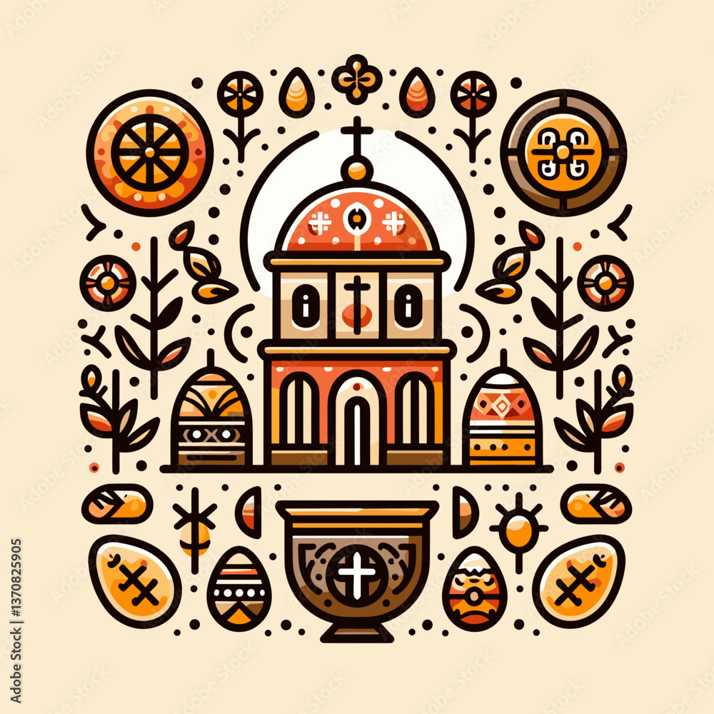 Naklejka premium Easter-themed illustration of a church with decorative elements 