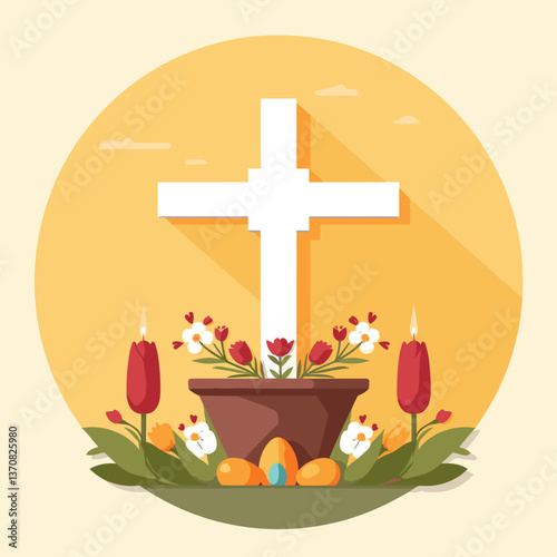 Easter cross with flowers and eggs in a colorful spring setting  