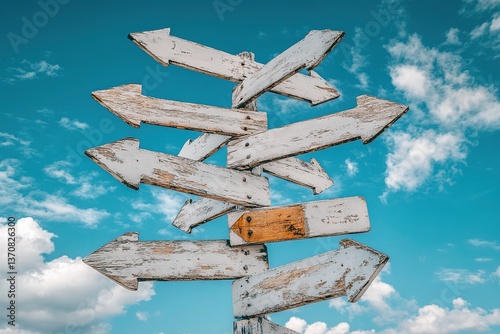 Directional Wooden Arrows Signpost Pointing Multiple Ways Against Blue Sky and Clouds