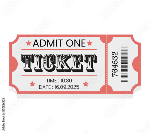 Ticket, Retro Ticket Design Template, Date and Time, Entry Only, Vintage, Cinema, Circus, Carnival, Movie, Festival, etc. Ticket Vector Paper, Ticket Barcode, Numbers