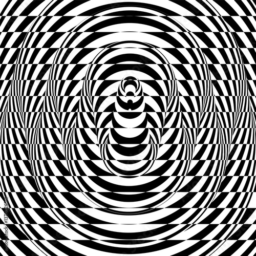Pattern with optical illusion. Black and white design. Abstract striped background. Glitch abstract background. Distortion effect, bug and error. Vector for brochure, presentation, cover, flyer, etc.