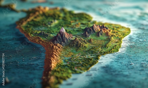 3D South America Map Showing Mountains, Forests, and Coastline