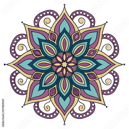 Intricate Mandala Design in Purples, Golds, and Teal, ai generated