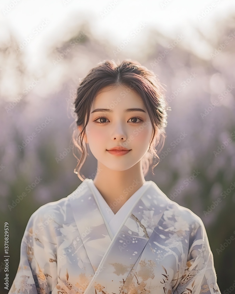 Elegant Japanese woman in pastel blue kimono standing gracefully against misty background Elegant Japanese woman in pastel blue kimono standing gracefully against misty background