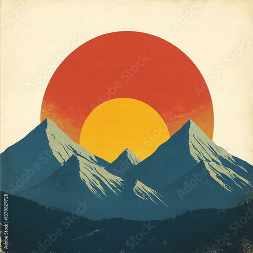 landscape with mountains and sun, Abstract mountain landscape with large sun, retro style, a large sun sets over a mountain, generative ai.