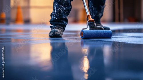 Worker Applying Blue Epoxy Floor Coating with Roller on Industrial Site for Protective and Durable Finish