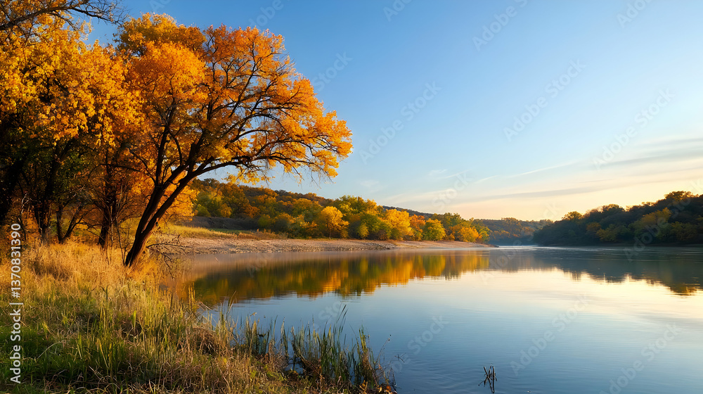 Obraz premium Autumnal River Scene With Golden Trees