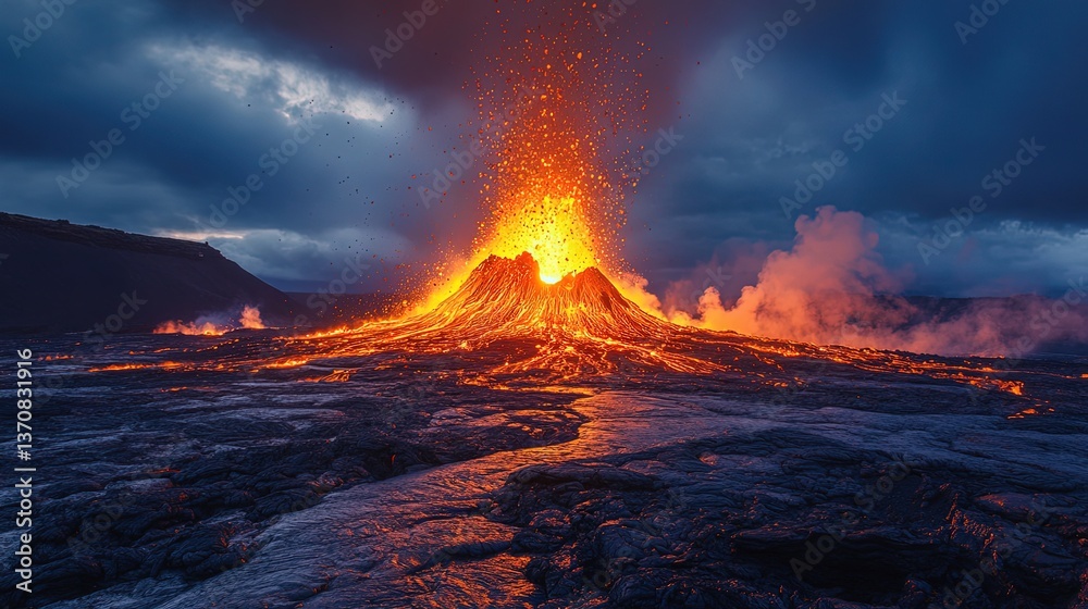 Fototapeta premium Volcanic eruption with glowing lava and smoke, dramatic fiery scene