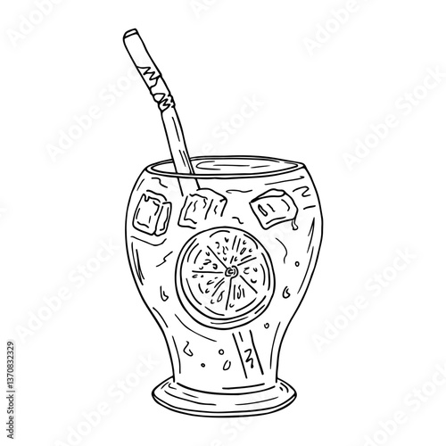 Refreshing detox drink in an elegant glass with a slice of orange and ice, a cocktail on fresh water, a dietary dish. Vector illustration in doodle style. Design of restaurant menus, bar advertisement