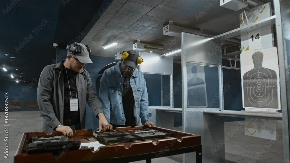 Medium full of professional Caucasian male shooting instructor demonstrating available handguns at indoor range to African American customer in denim jacket and earmuffs before lesson Medium full of professional Caucasian male shooting instructor demonstrating available handguns at indoor range to African American customer in denim jacket and earmuffs before lesson