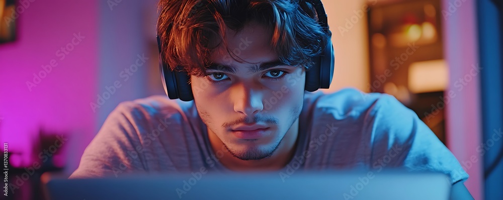 Focused gamer engaged in action home office digital content night close-up