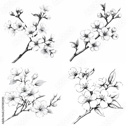 twigs of blossoming sakura tree,vector,graphics,black and white
