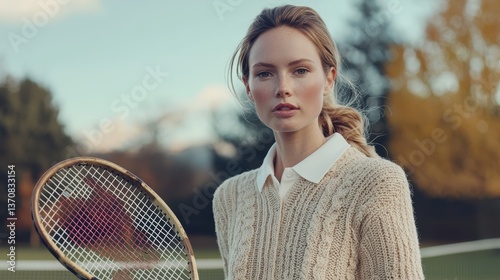 Young woman in a sweater holding a tennis racket in a park during a sunny autumn afternoon
