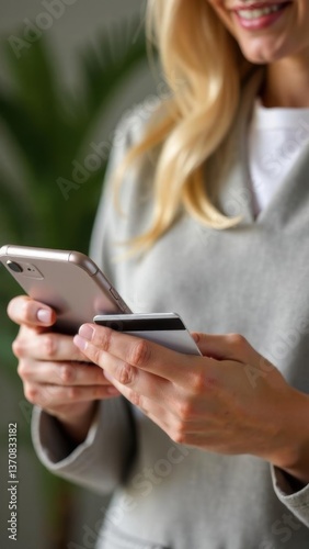 Woman using smartphone and credit card for online shopping in cozy environment, modern lifestyle and technology concept