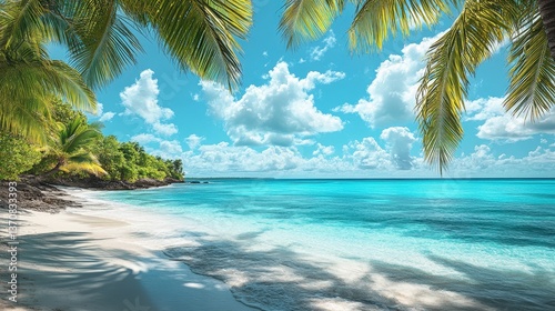 Paradise Beach: The image captures a serene coastal scene, with turquoise ocean waters lapping gently against a pristine sandy shore. Palm trees frame the shot.