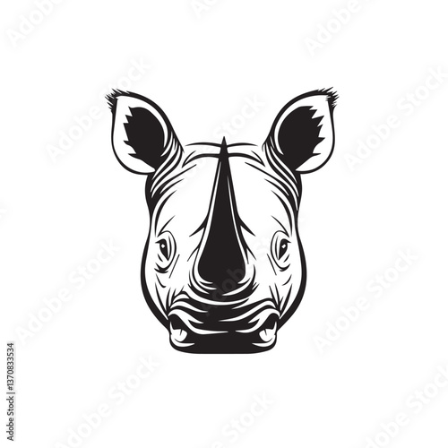 vector image of a rhinoceros on a white background, front view, black and white graphics, logo
