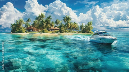 Paradise Cove: The image captures a serene scene, showing a motorboat gracefully cruising through the turquoise waters toward a tropical island dotted with palm trees and charming houses.