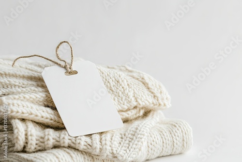 White Blank Rectangular Clothing Tag on Stack of Knitted Clothes Isolated on White Background