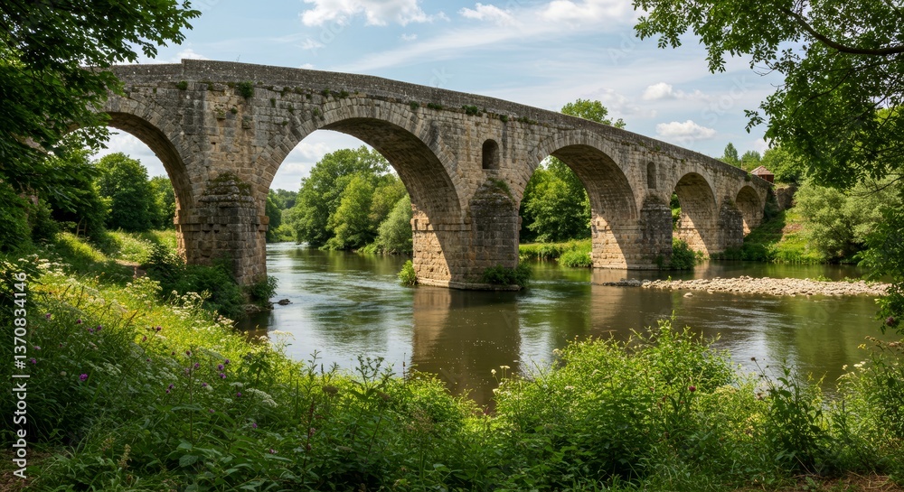 Old stone bridge arching over a peaceful river in a lush landscape Old stone bridge arching over a peaceful river in a lush landscape