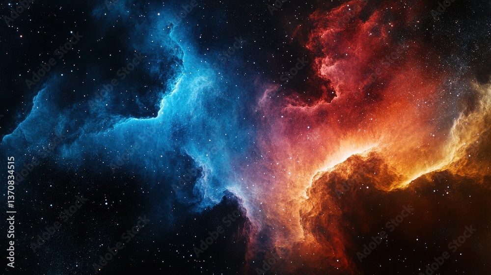 Obraz premium Vibrant nebula paints the edge of the universe. Swirling blues and oranges meet a star-dusted black void—a breathtaking cosmic vista