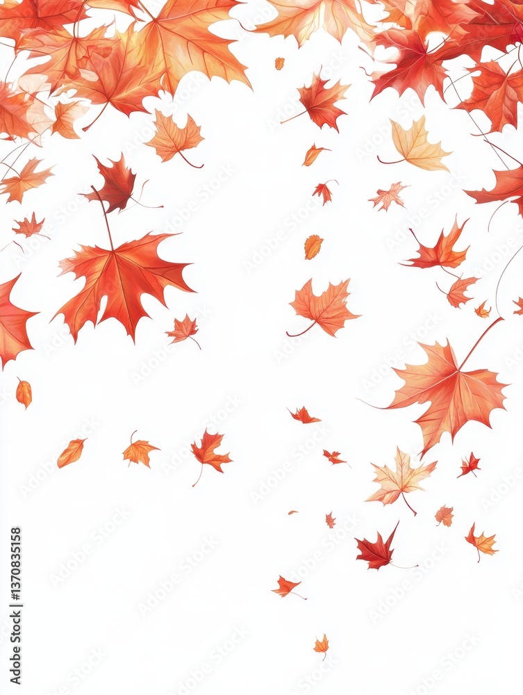 Watercolor Autumnal Maple Leaves Falling in a Gentle Cascade on White Background for Seasonal Designs and Creative Projects Watercolor Autumnal Maple Leaves Falling in a Gentle Cascade on White Background for Seasonal Designs and Creative Projects