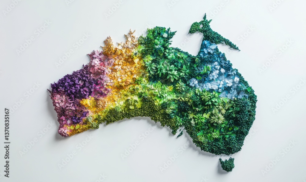Fototapeta premium Colorful 3D Australia map with diverse flora on white background, ideal for environmental projects