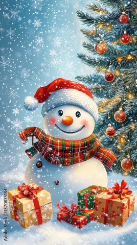 Snowman with Gifts and Christmas Tree